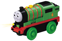 The Percy die-cast battery-powered engine features powerful four-wheel drive, easy start button, auto shutdown feature, light, and realistic detail. Requires one AA battery (not included).