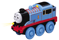 The Thomas die-cast battery-powered engine features powerful four-wheel drive, easy start button, auto shutdown feature, light, and realistic detail. Requires one AA battery (not included).